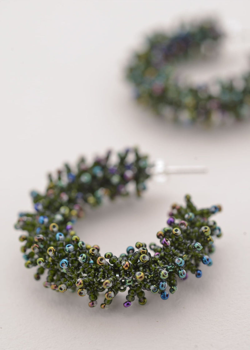 KIPURI SPIKED HOOP EARRINGS IRIDESCENT GREEN DARK BOTTLE GREEN
