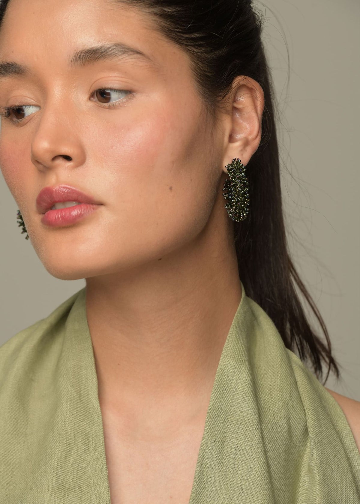 KIPURI SPIKED HOOP EARRINGS IRIDESCENT GREEN DARK BOTTLE GREEN