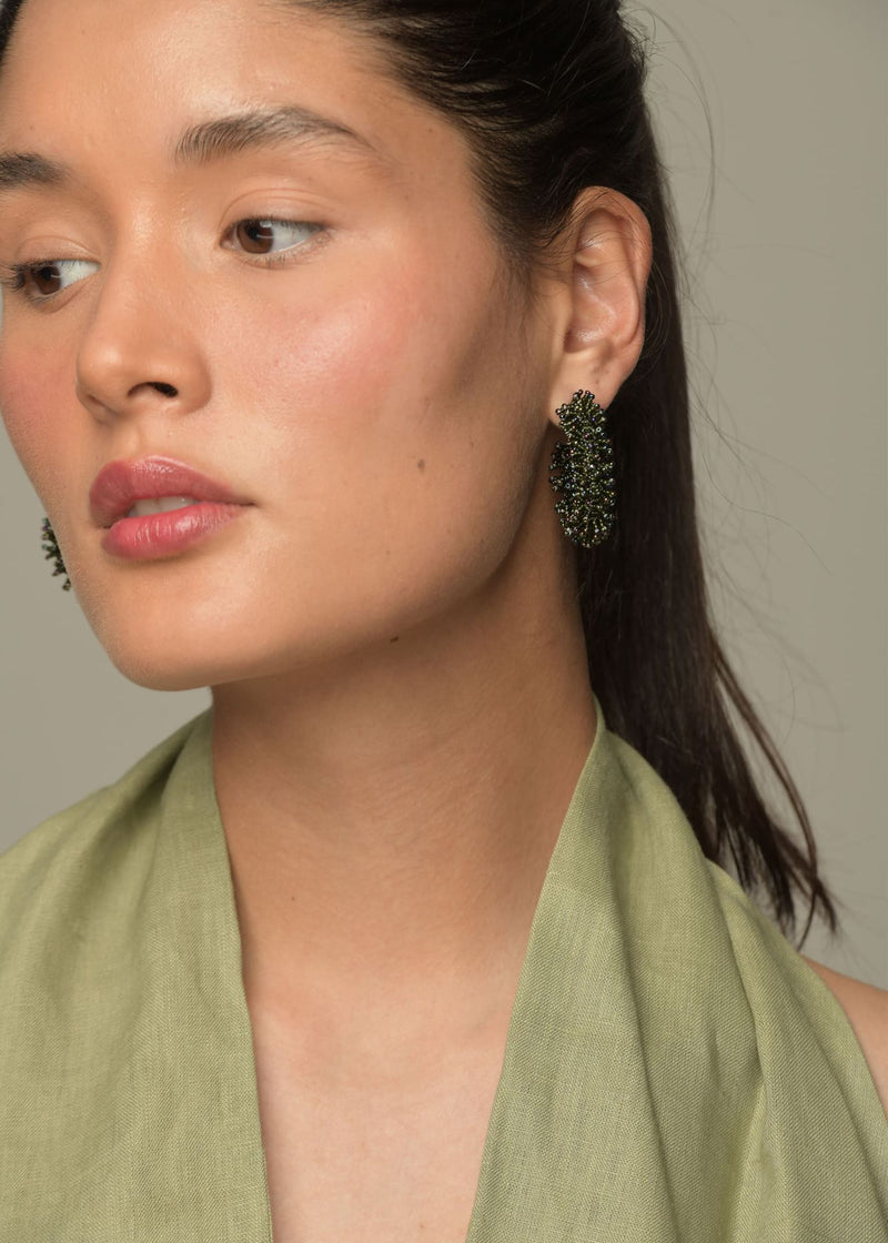 KIPURI SPIKED HOOP EARRINGS IRIDESCENT GREEN DARK BOTTLE GREEN