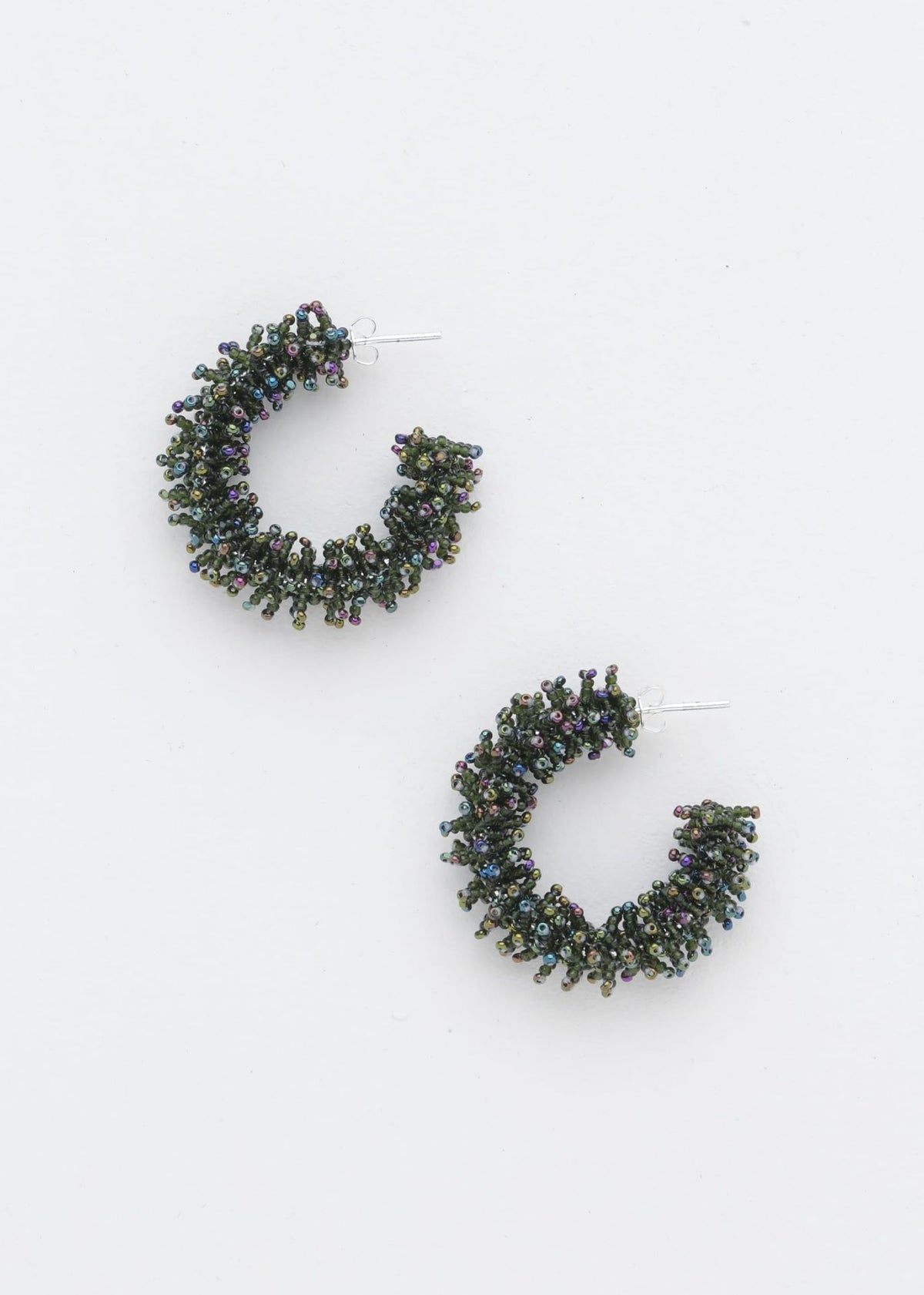 KIPURI SPIKED HOOP EARRINGS IRIDESCENT GREEN DARK BOTTLE GREEN